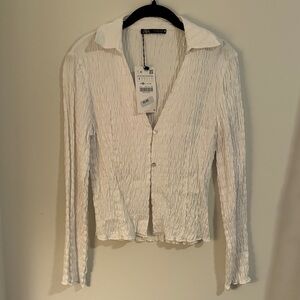 Zara White Textured Button-Front Long Sleeve Shirt